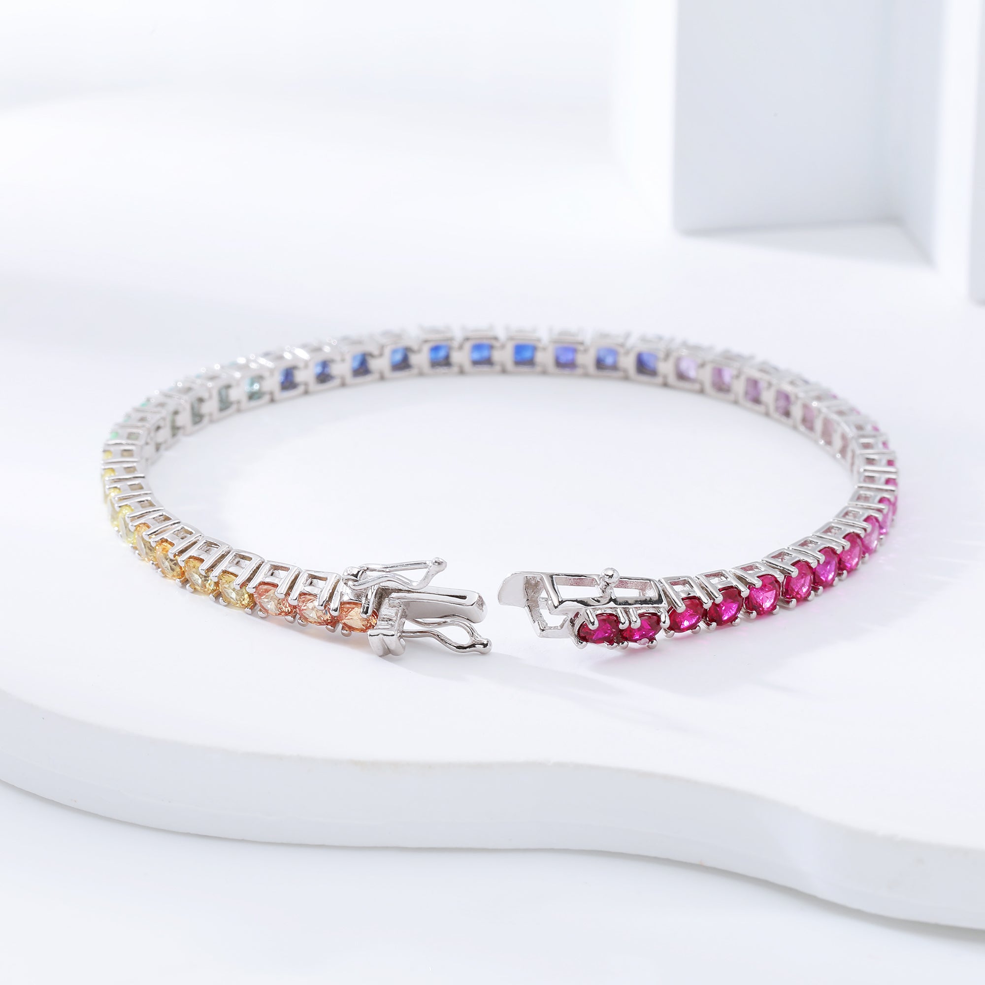 S925 Silver Lab Rainbow Sapphire Bracelet Round 3mm
