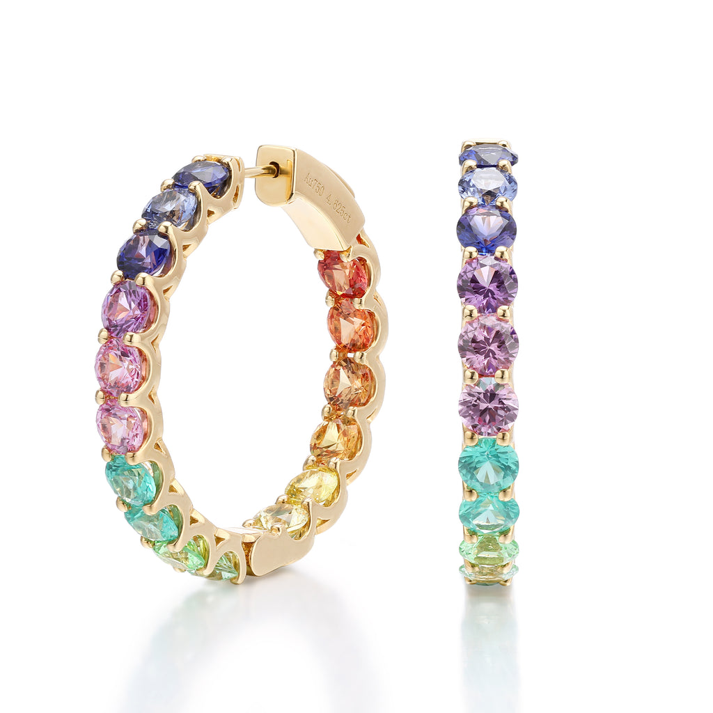 S925 Silver Lab Rainbow Sapphire Loop Earrings Round 4mm