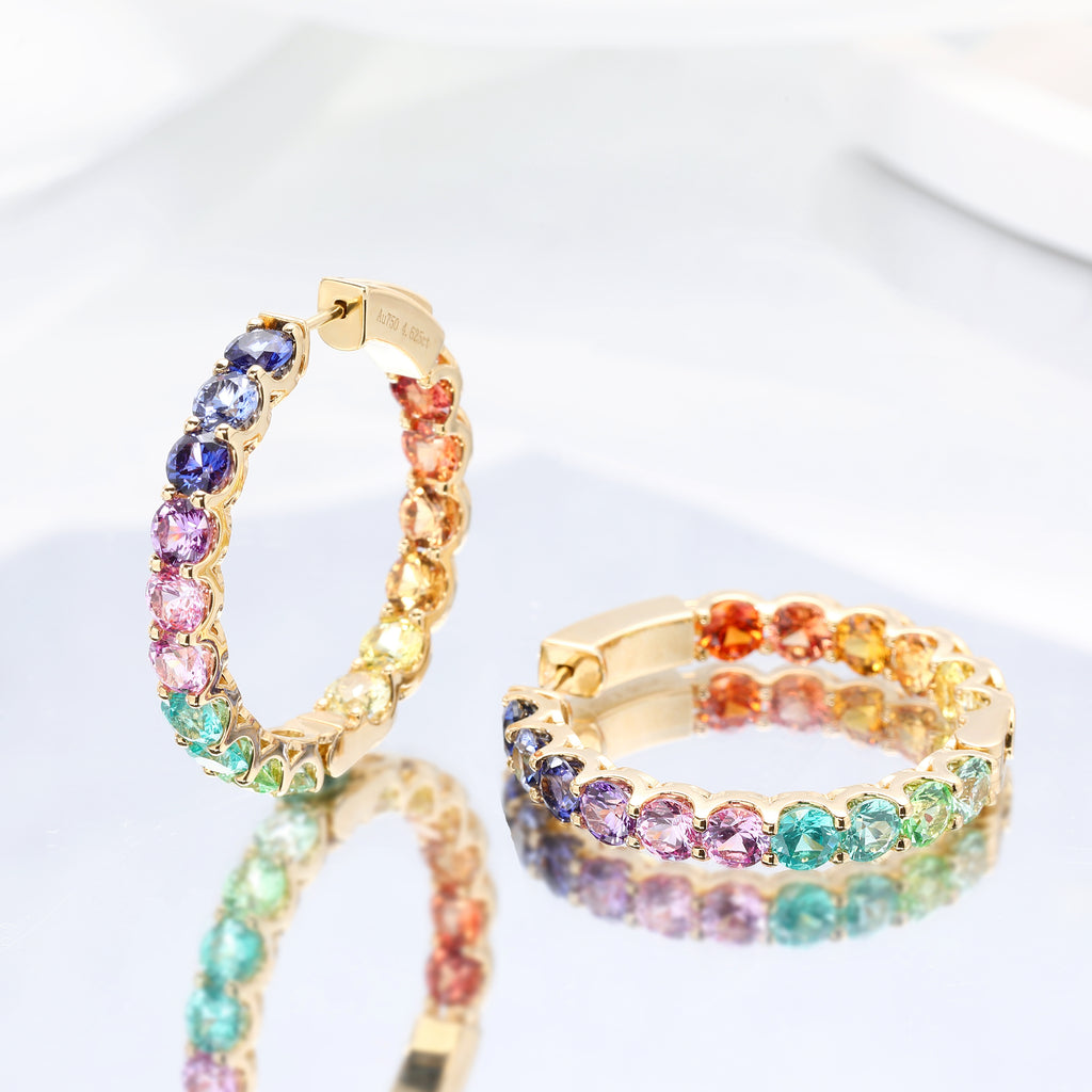 S925 Silver Lab Rainbow Sapphire Loop Earrings Round 4mm